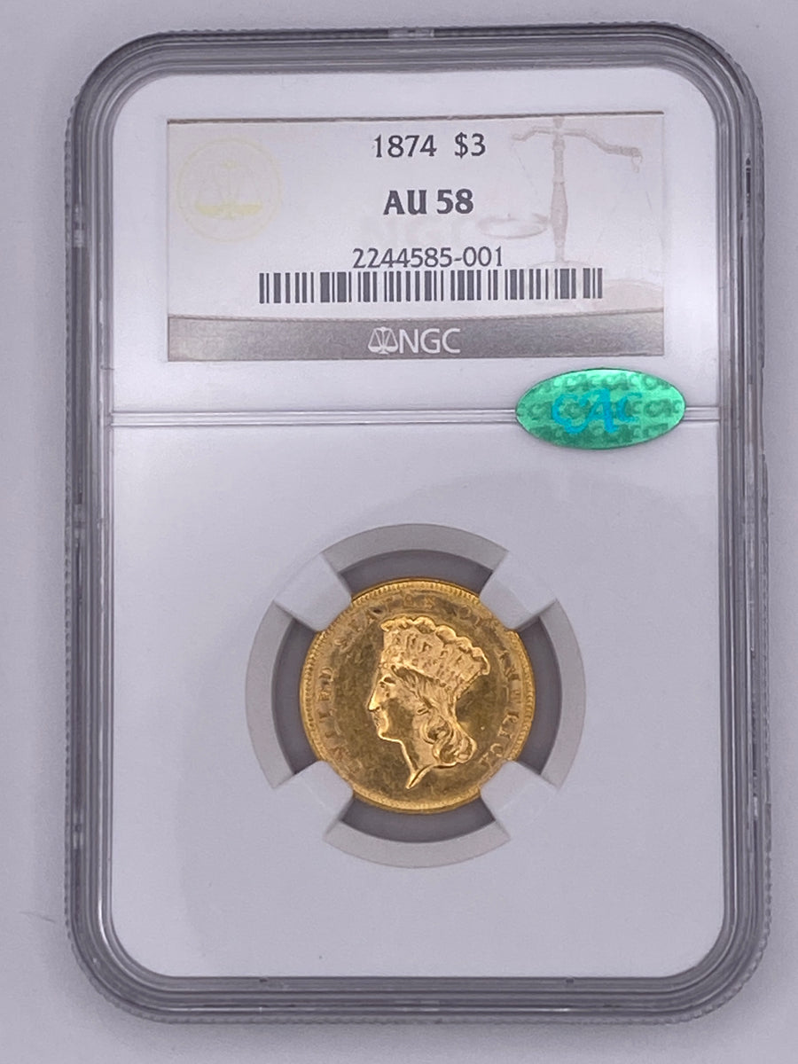 1874 $3 Gold Princess Head – NGC AU58 CAC | Near Mint Classic Rarity