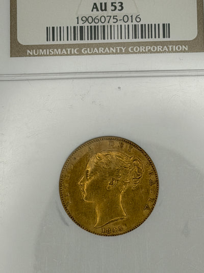 1843 Great Britain Gold Sovereign Broad Shield NGC AU53 | Queen Victoria Young Head