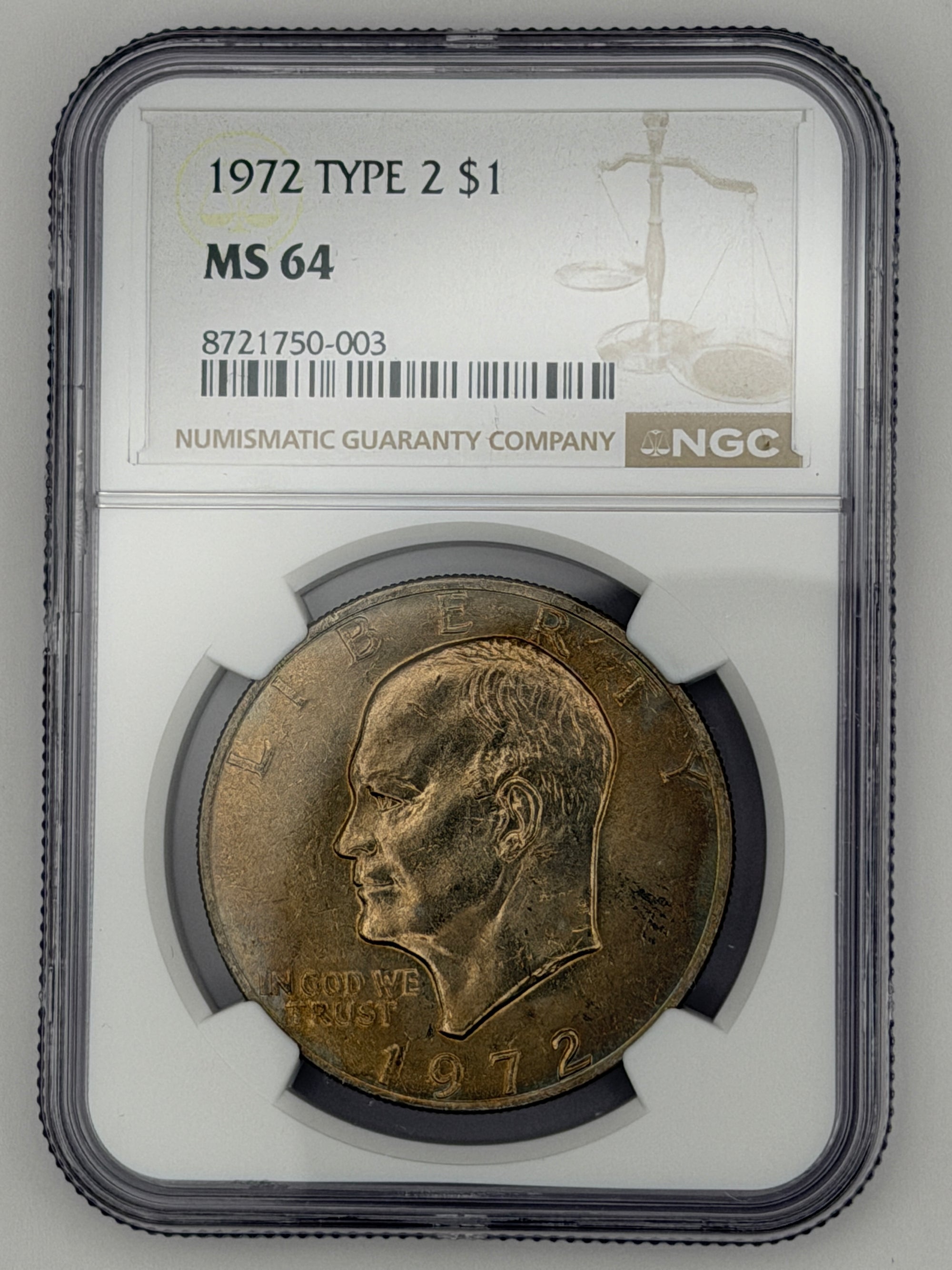1972 Eisenhower Dollar Type 2 – NGC MS64 | Rare Ike Dollar Variety Beautiful Toning #750-003