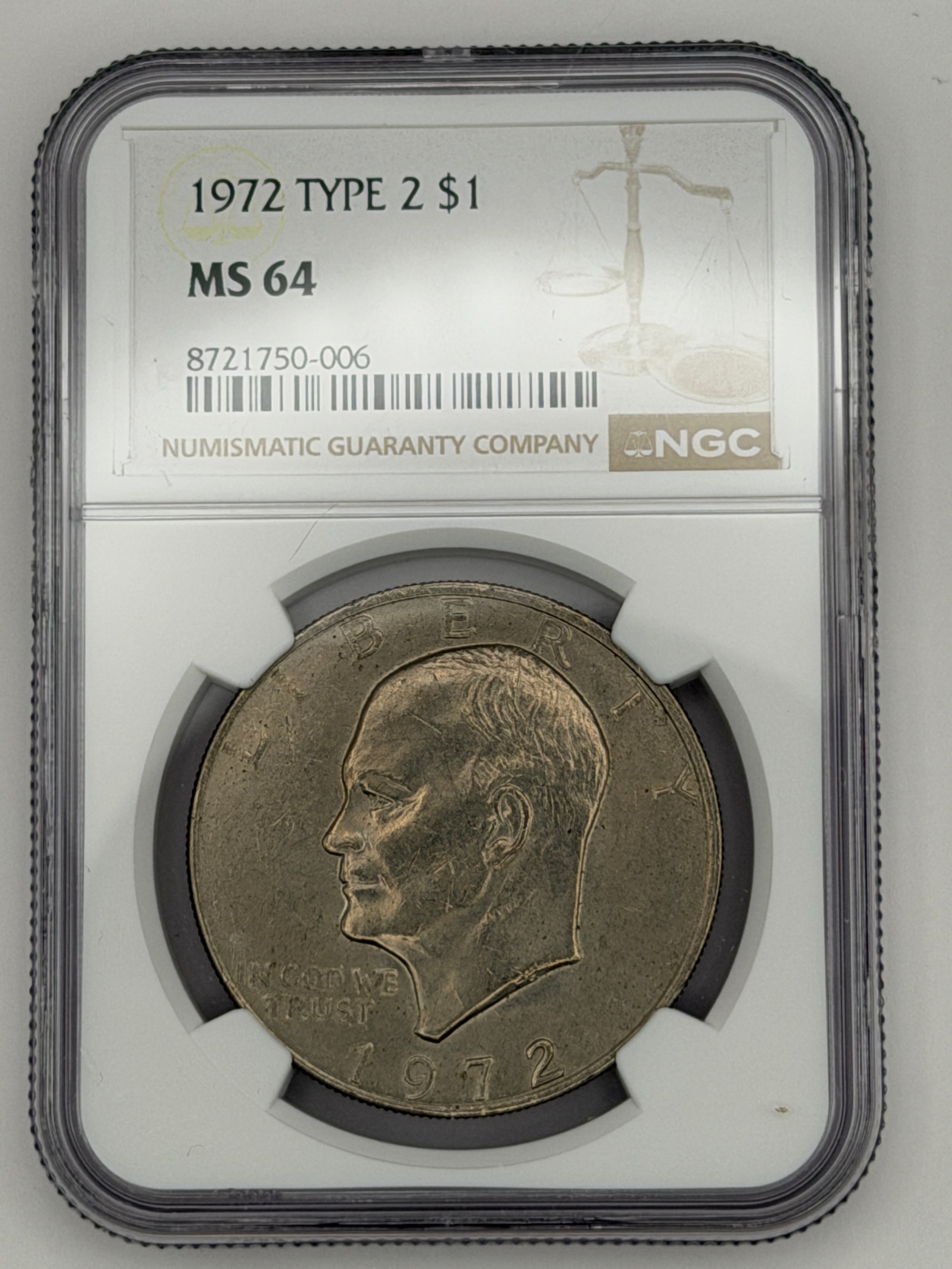 1972 Eisenhower Dollar Type 2 – NGC MS64 | Key Reverse Variety Ike Dollar #750-006