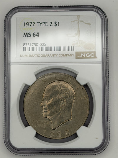 1972 Eisenhower Dollar Type 2 – NGC MS64 | Key Reverse Variety Ike Dollar #750-006