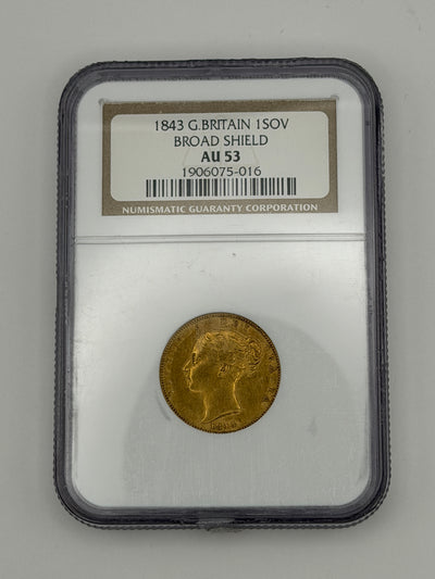 1843 Great Britain Gold Sovereign Broad Shield NGC AU53 | Queen Victoria Young Head