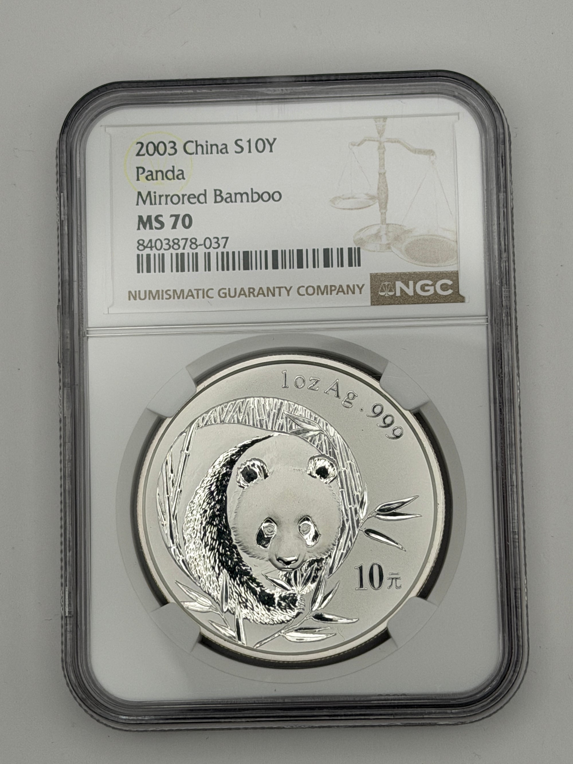 2003 China 10 Yuan Silver Panda Mirrored Bamboo – NGC MS70 | Perfect Grade Variety