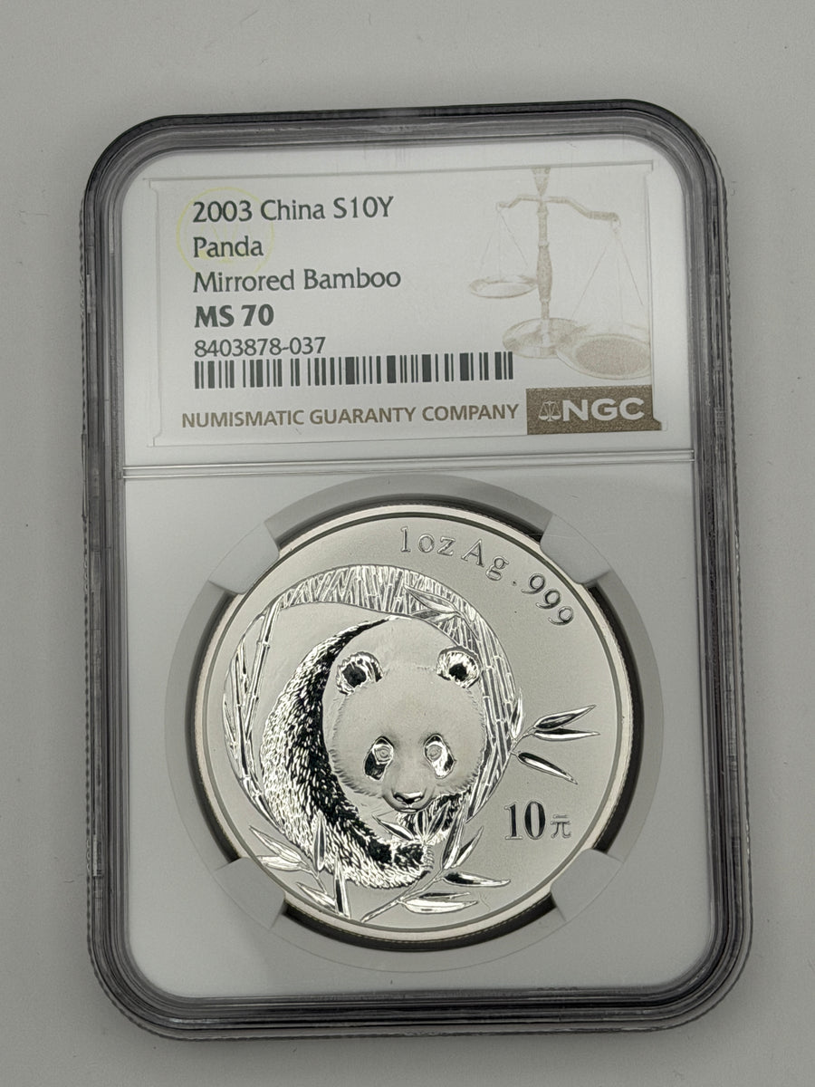 2003 China 10 Yuan Silver Panda Mirrored Bamboo – NGC MS70 | Perfect Grade Variety