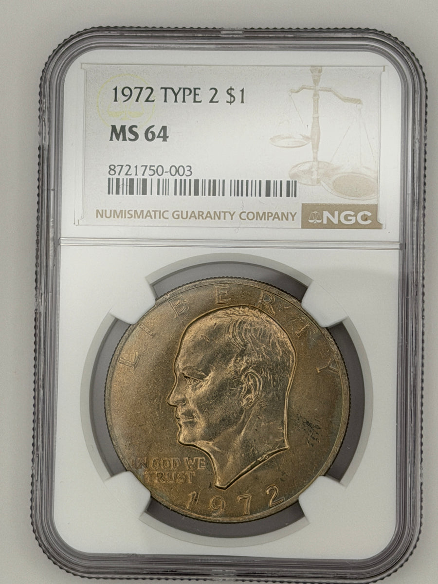 1972 Eisenhower Dollar Type 2 – NGC MS64 | Rare Ike Dollar Variety Beautiful Toning #750-003