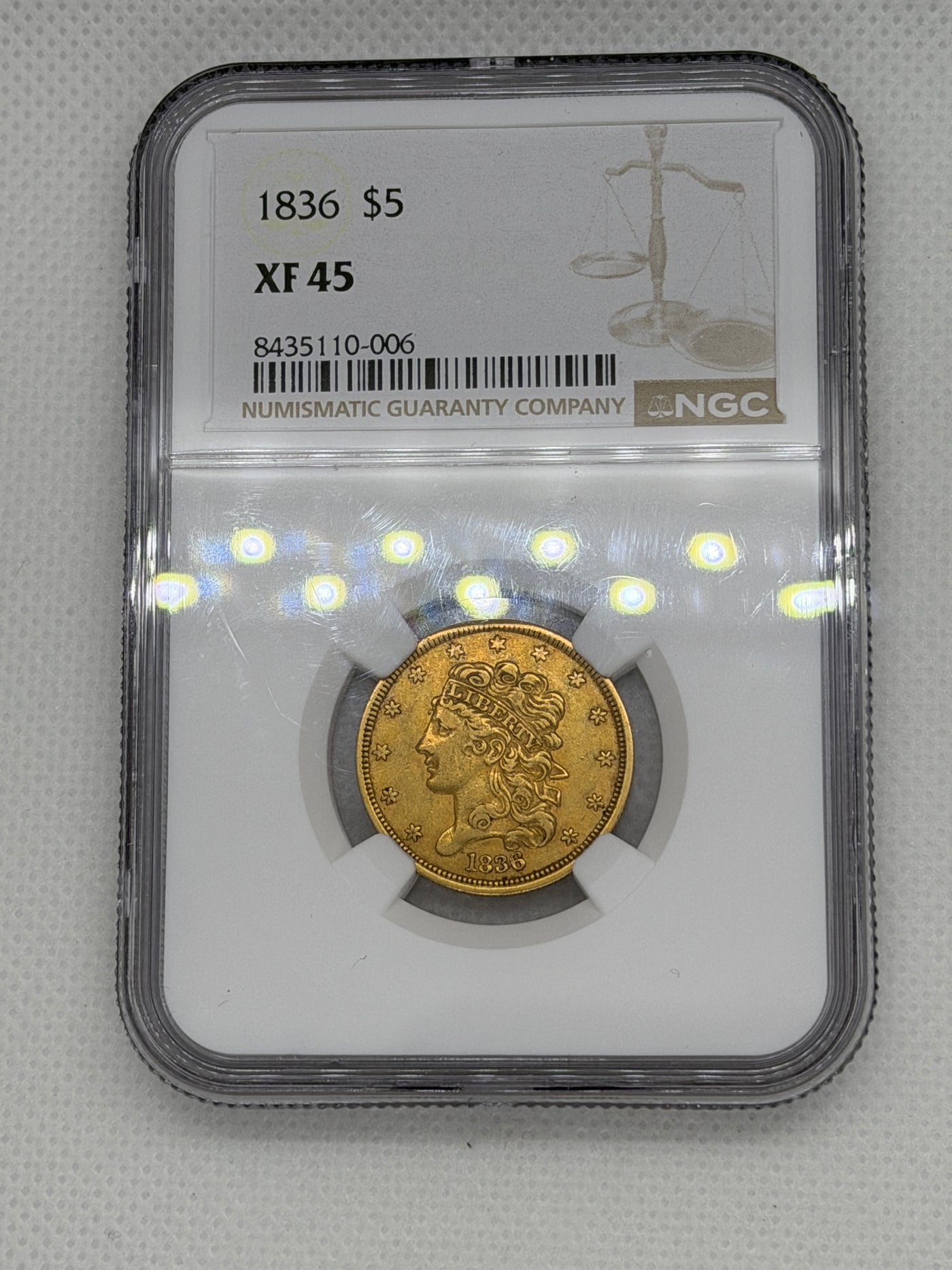 1836 $5 NGC XF45 Graded Classic Head Gold Coin