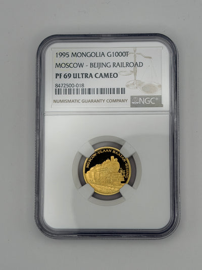 1995 Mongolia 1000 Tugrik Tögrög Gold Proof – Railroad – NGC PF69 Ultra Cameo