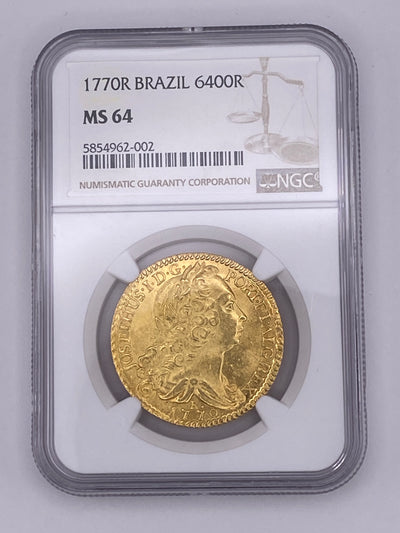 1770 R Brazil 6400 Reis Gold Coin – NGC MS64 | Rare Colonial Brazil Gold
