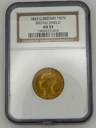 1843 Great Britain Gold Sovereign Broad Shield NGC AU53 | Queen Victoria Young Head