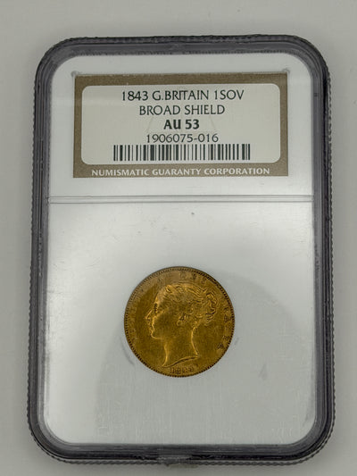 1843 Great Britain Gold Sovereign Broad Shield NGC AU53 | Queen Victoria Young Head
