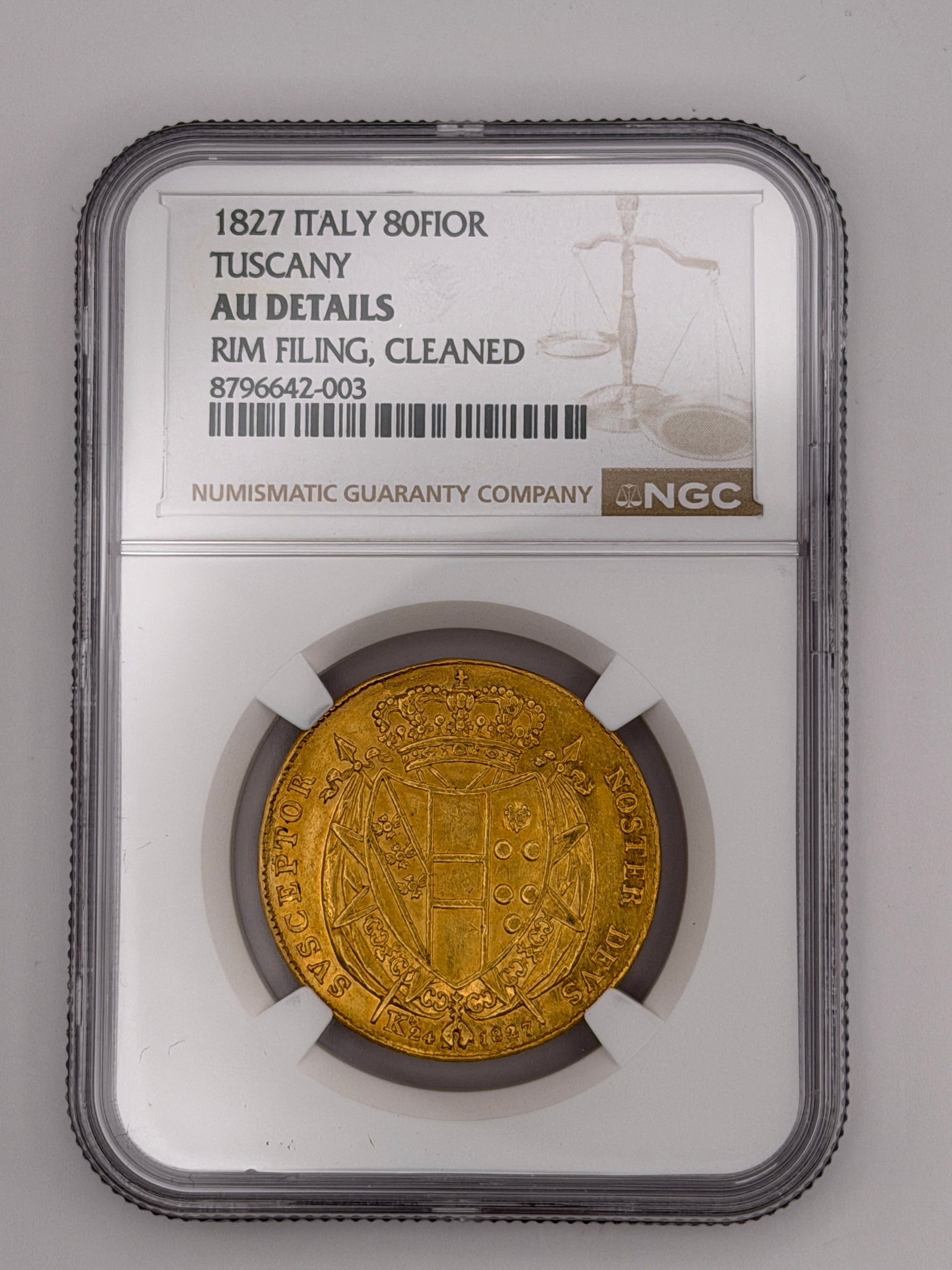 1827 80 Lire (Fiorini) Gold Coin – Leopold II of Tuscany – NGC AU Details | Grand Duchy of Tuscany
