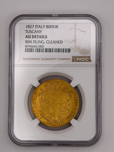 1827 80 Lire (Fiorini) Gold Coin – Leopold II of Tuscany – NGC AU Details | Grand Duchy of Tuscany
