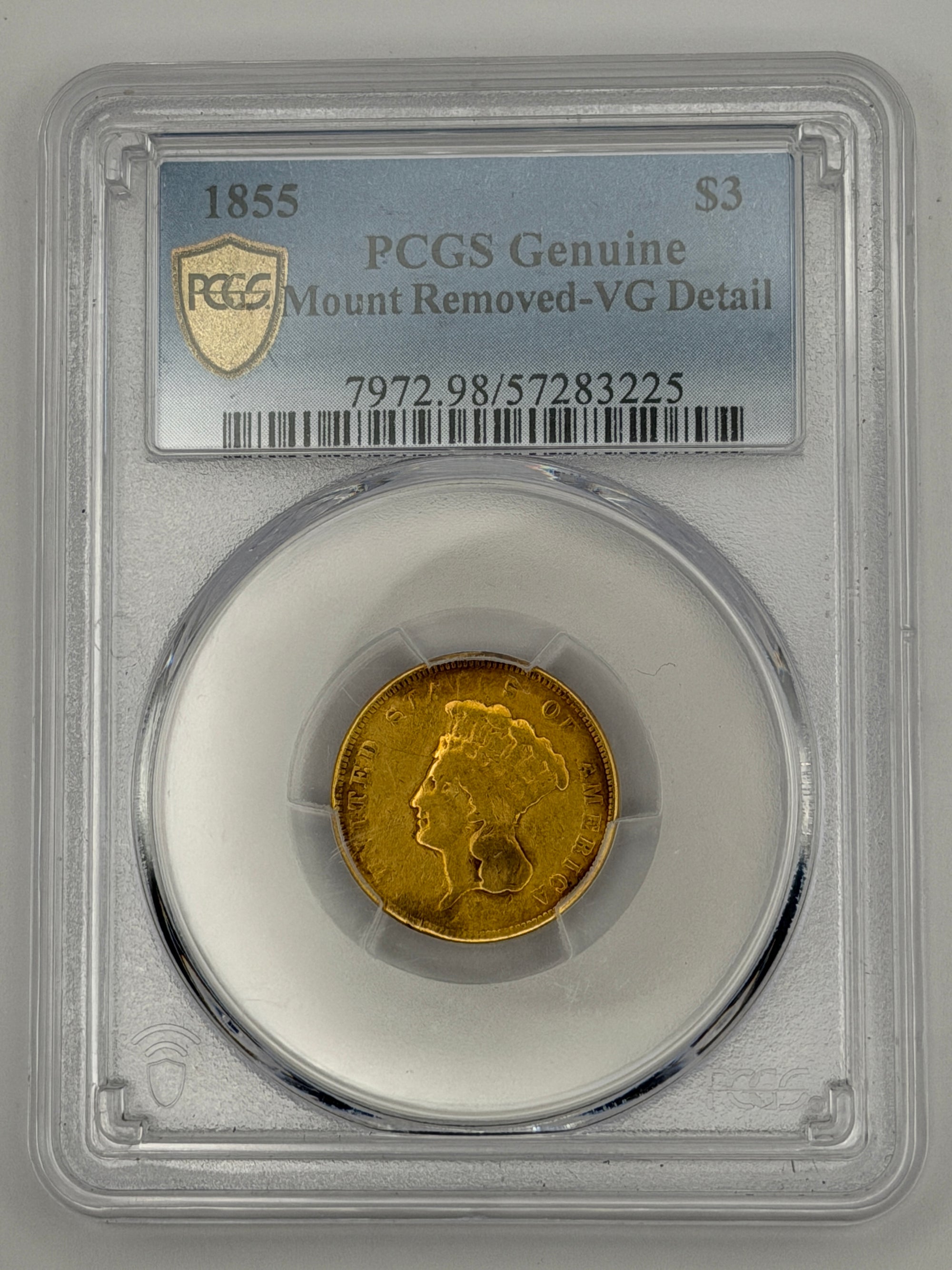1855 $3 Gold Princess Head – PCGS VG Details | Rare Early U.S. Gold Type Coin