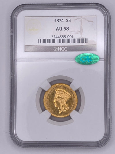 1874 $3 Gold Princess Head – NGC AU58 CAC | Near Mint Classic Rarity