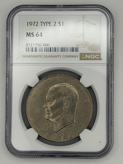 1972 Eisenhower Dollar Type 2 – NGC MS64 | Key Reverse Variety Ike Dollar #750-006