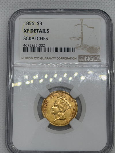 1856 Three Dollar Indian Gold Coin $3 NGC XF Details Graded RARE
