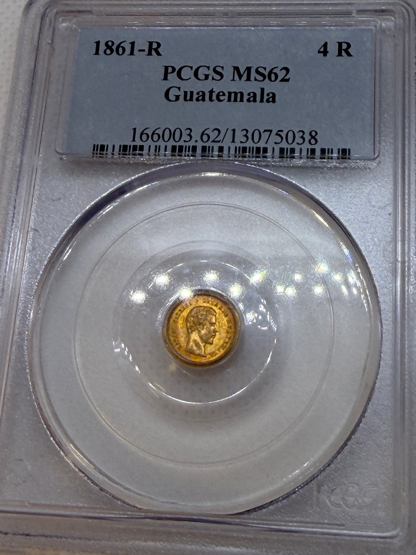 1861 R Guatemala 4 Reales Gold Coin – PCGS MS62 | Beautiful Toning