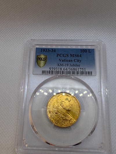 1933-34 Vatican 100 Lire Gold Coin – PCGS MS64 | Pope Pius XI