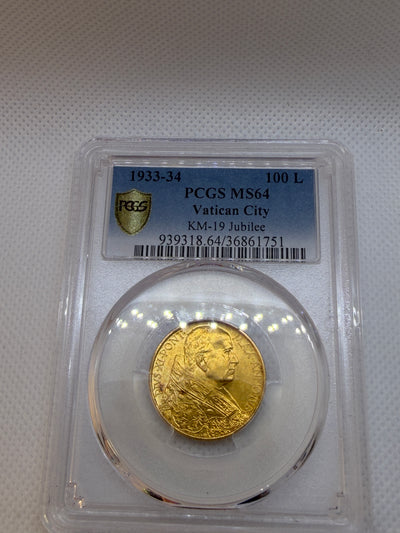 1933-34 Vatican 100 Lire Gold Coin – PCGS MS64 | Pope Pius XI