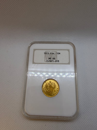 1913 10 Markkaa Gold Coin – NGC MS66 | Old Fatty Holder | Nicholas II Finland
