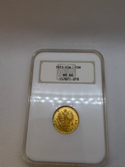 1913 10 Markkaa Gold Coin – NGC MS66 | Old Fatty Holder | Nicholas II Finland