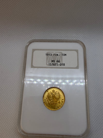 1913 10 Markkaa Gold Coin – NGC MS66 | Old Fatty Holder | Nicholas II Finland