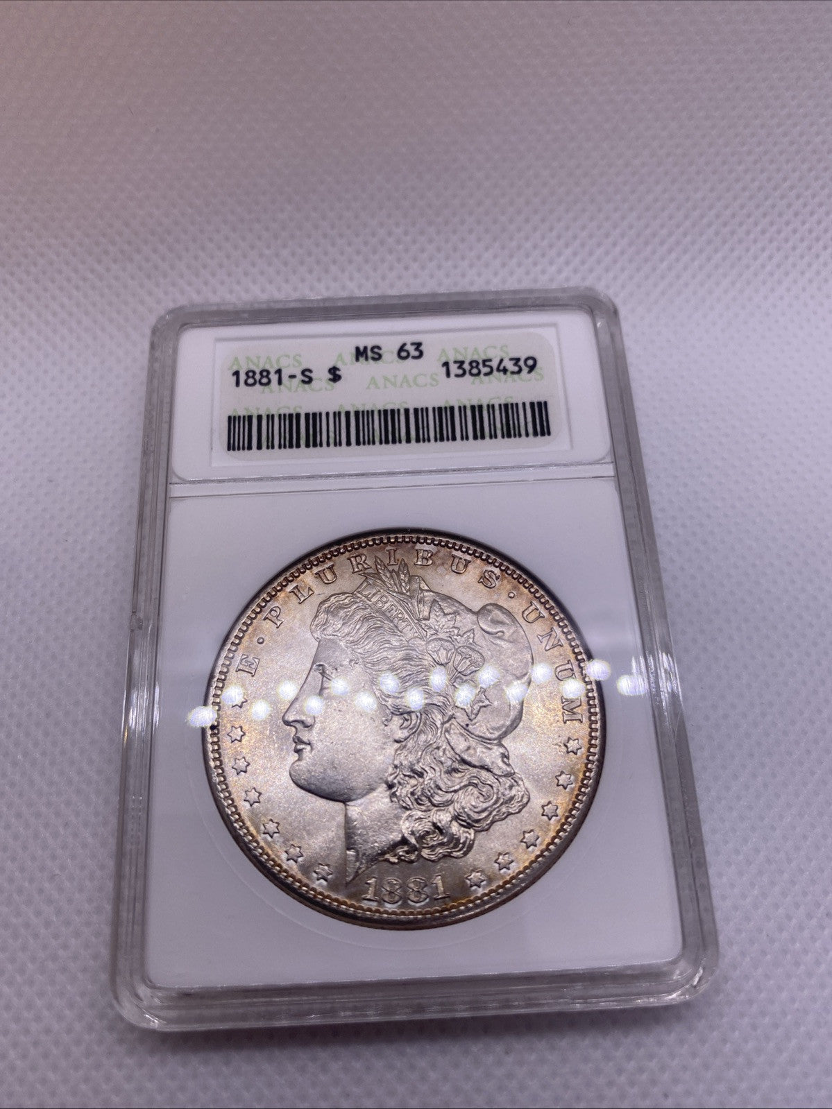 1881 S $1 Morgan Dollar ANA Older Holder MS63 Silver Coin RARE Great Looking