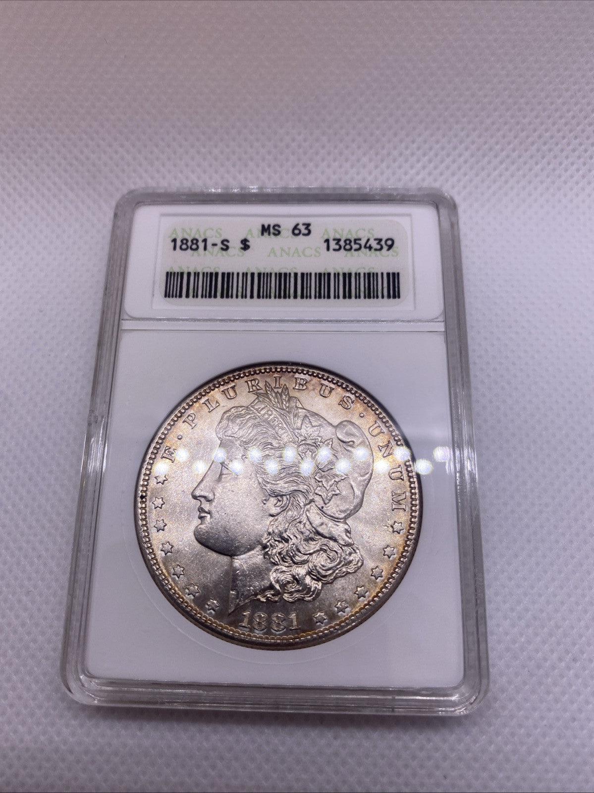 1881 S $1 Morgan Dollar ANA Older Holder MS63 Silver Coin RARE Great Looking