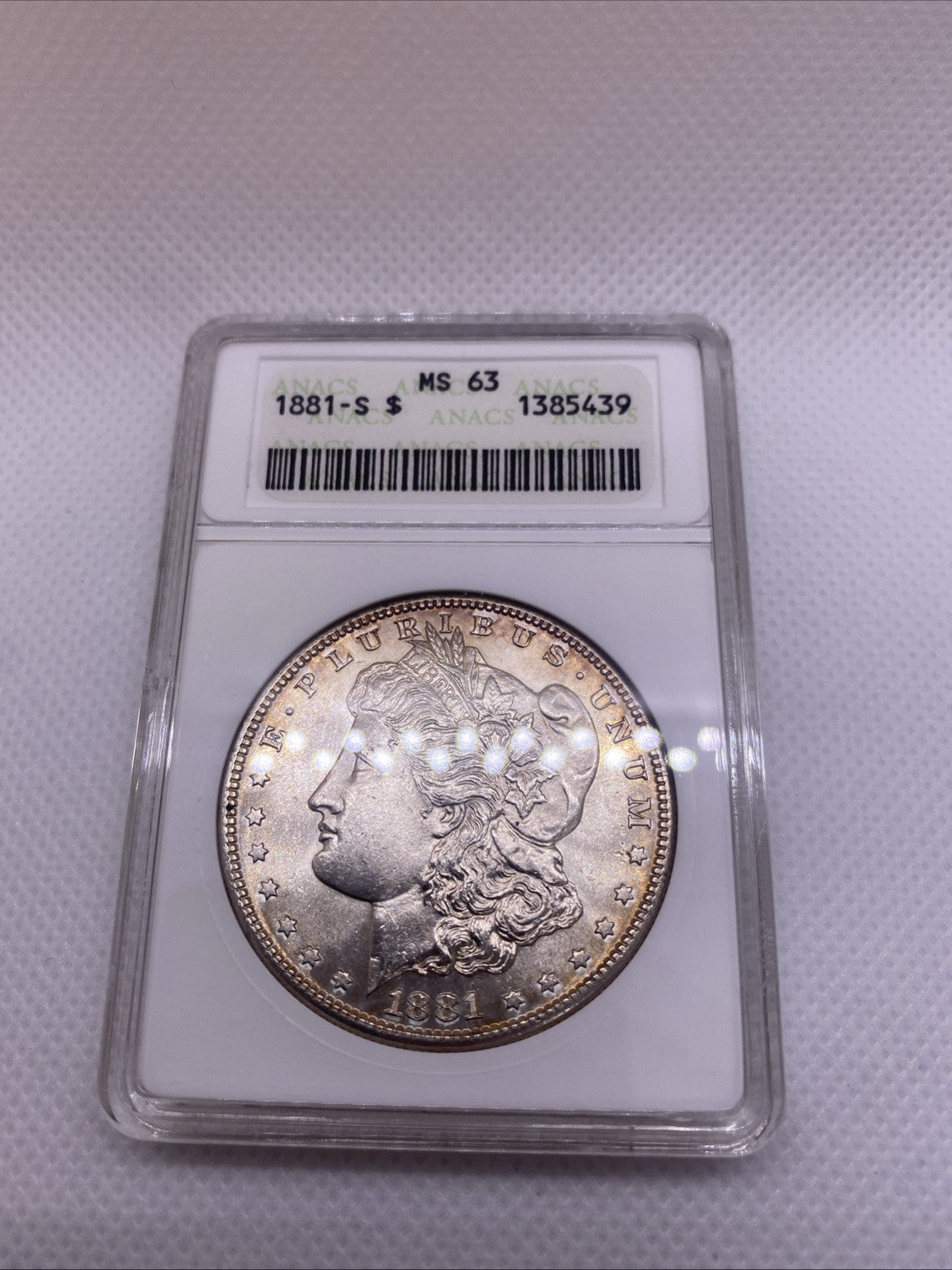 1881 S $1 Morgan Dollar ANA Older Holder MS63 Silver Coin RARE Great Looking