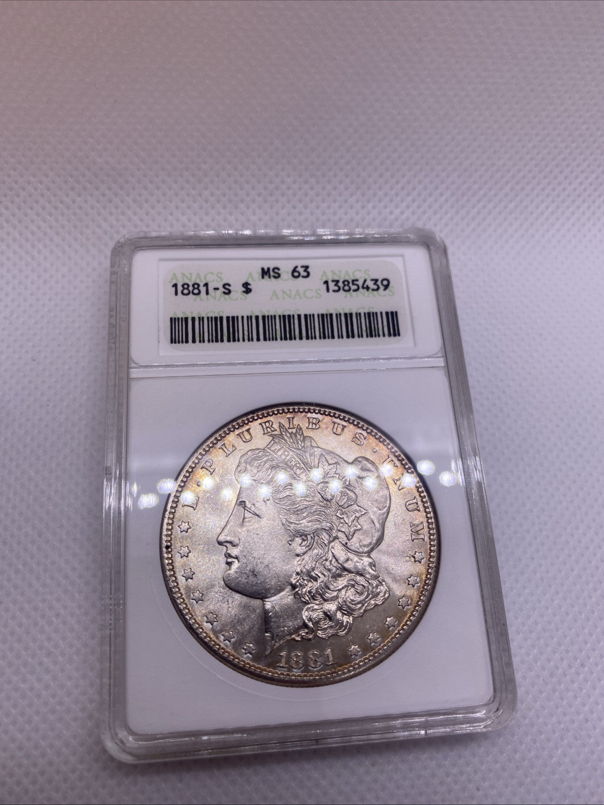 1881 S $1 Morgan Dollar ANA Older Holder MS63 Silver Coin RARE Great Looking