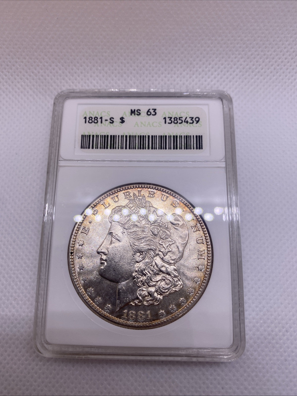 1881 S $1 Morgan Dollar ANA Older Holder MS63 Silver Coin RARE Great Looking
