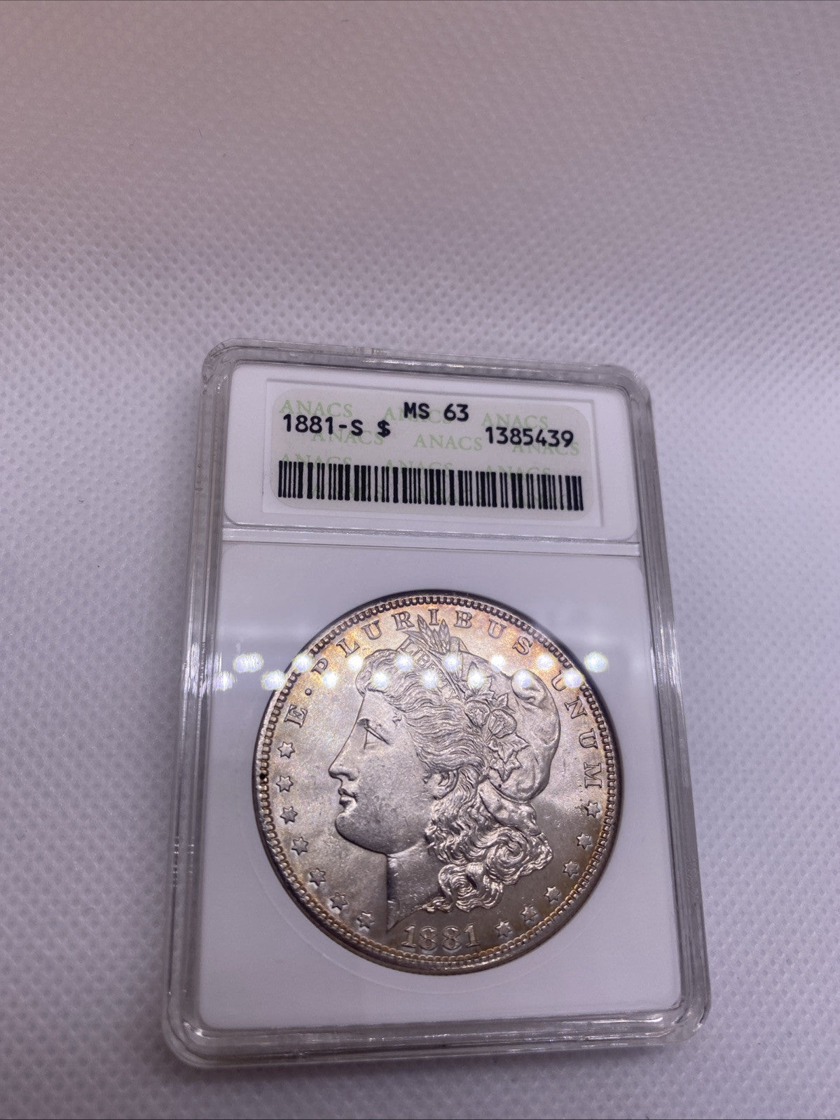 1881 S $1 Morgan Dollar ANA Older Holder MS63 Silver Coin RARE Great Looking