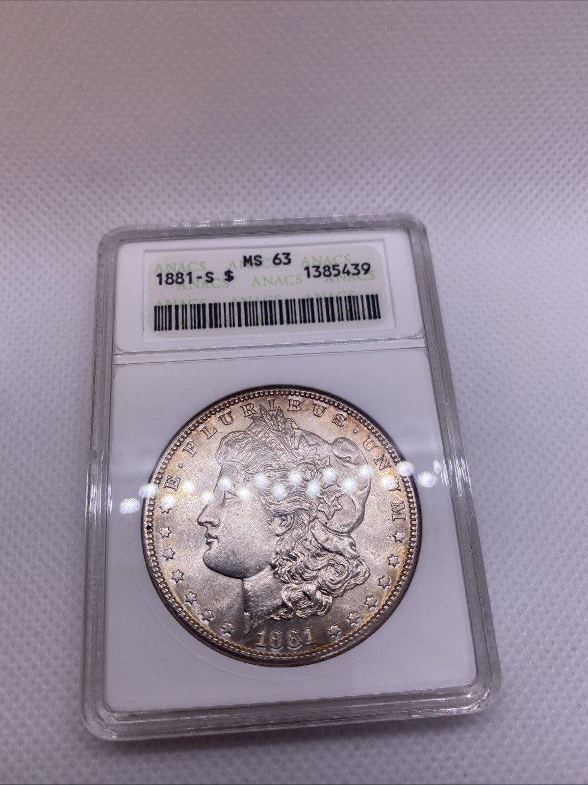 1881 S $1 Morgan Dollar ANA Older Holder MS63 Silver Coin RARE Great Looking