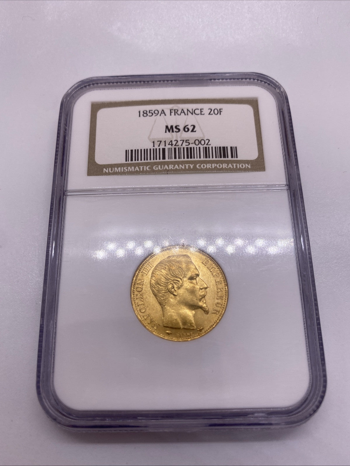 1859 A  20 FRANCS NAPOLEON III GOLD COIN NGC MS 62 VERY OLD NGC SLAB LOOKS GREAT